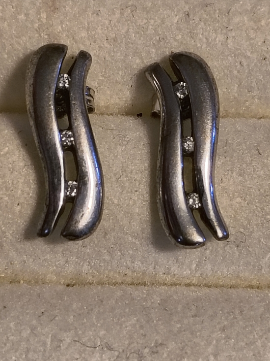 Estate Jewelry - Elegant Sterling Silver Wave Earrings with Diamond Accents Signed 00.03 925